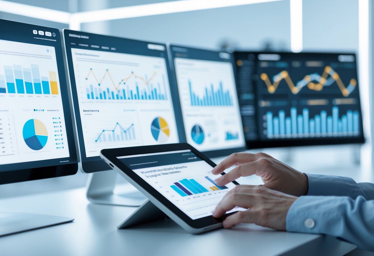 A person working at a modern desk with multiple monitors showing website analytics and ad performance data.