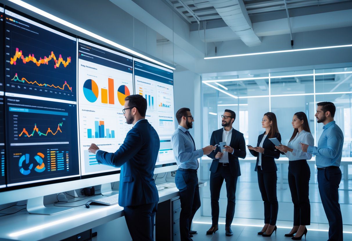 A team of professionals analyzing website data and ad performance on computer screens in a modern office setting.