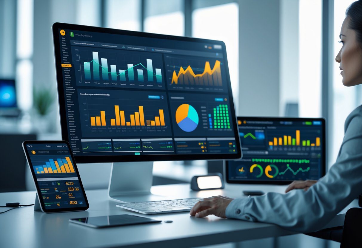 A modern office desk with a computer, tablet, and smartphone showing website analytics dashboards and performance charts.